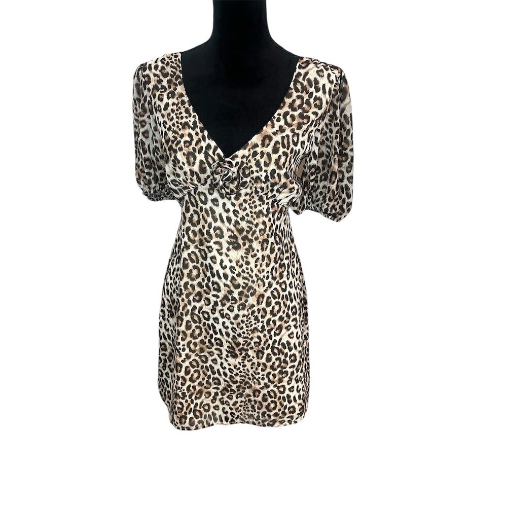 Wayf Leopard Print V-Neck Mini Dress in Brown and Black